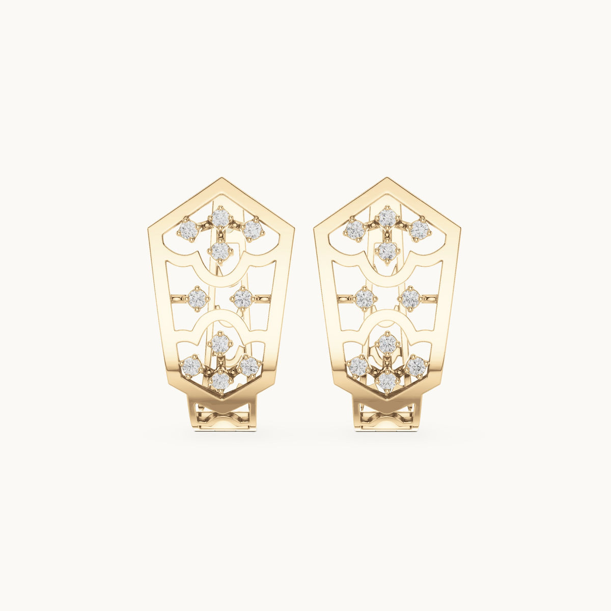 Round lab-grown diamond petal openwork huggie hoop earrings in yellow gold, 0.16 CT TW, view 4