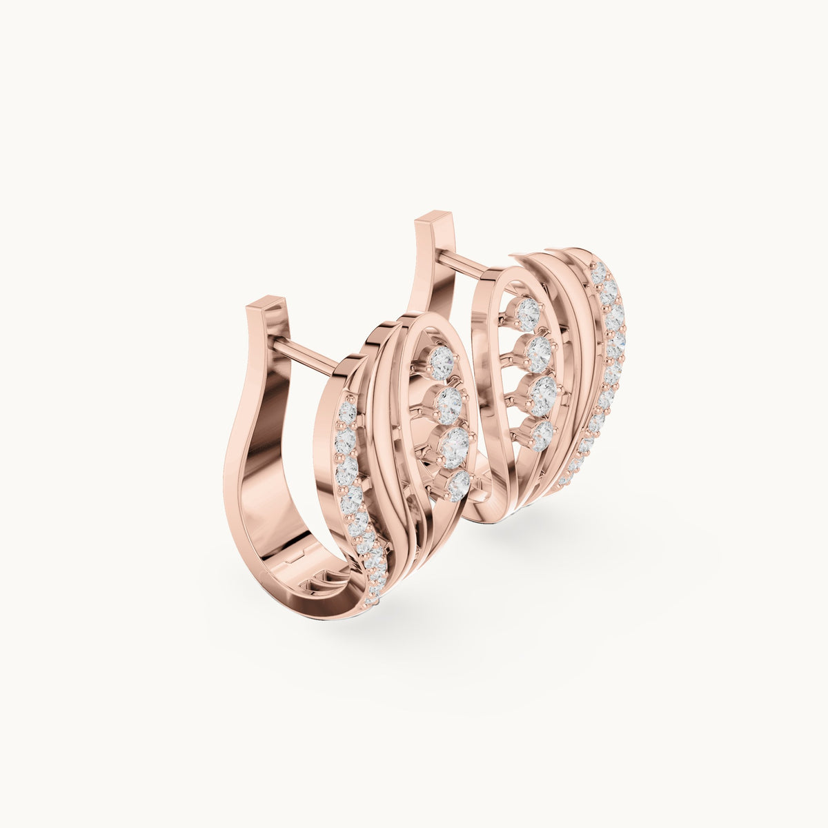 Round lab-grown diamond feather huggie hoop earrings in rose gold, 0.276 CT TW, view 1