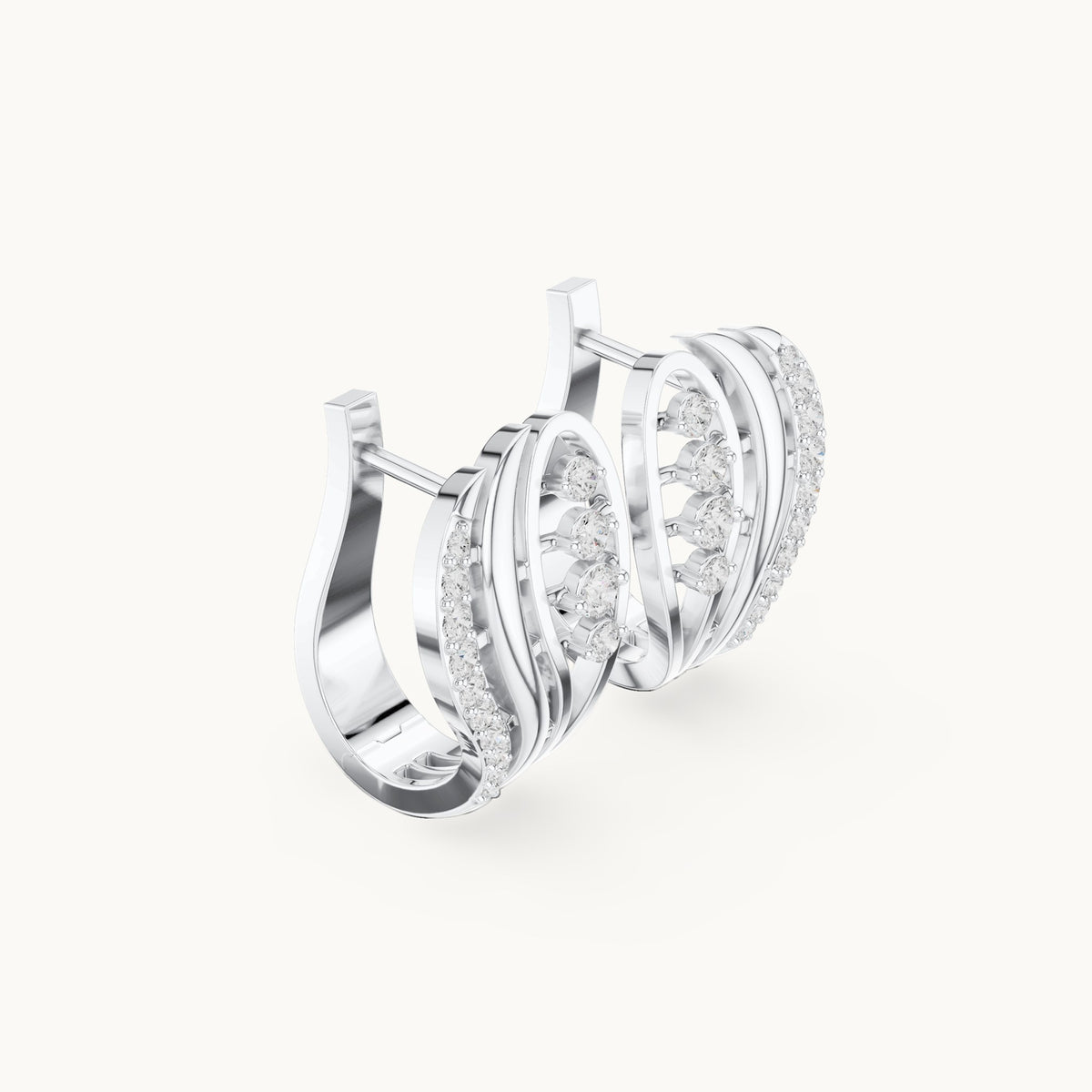 Round lab-grown diamond feather huggie hoop earrings in white gold, 0.276 CT TW, view 1