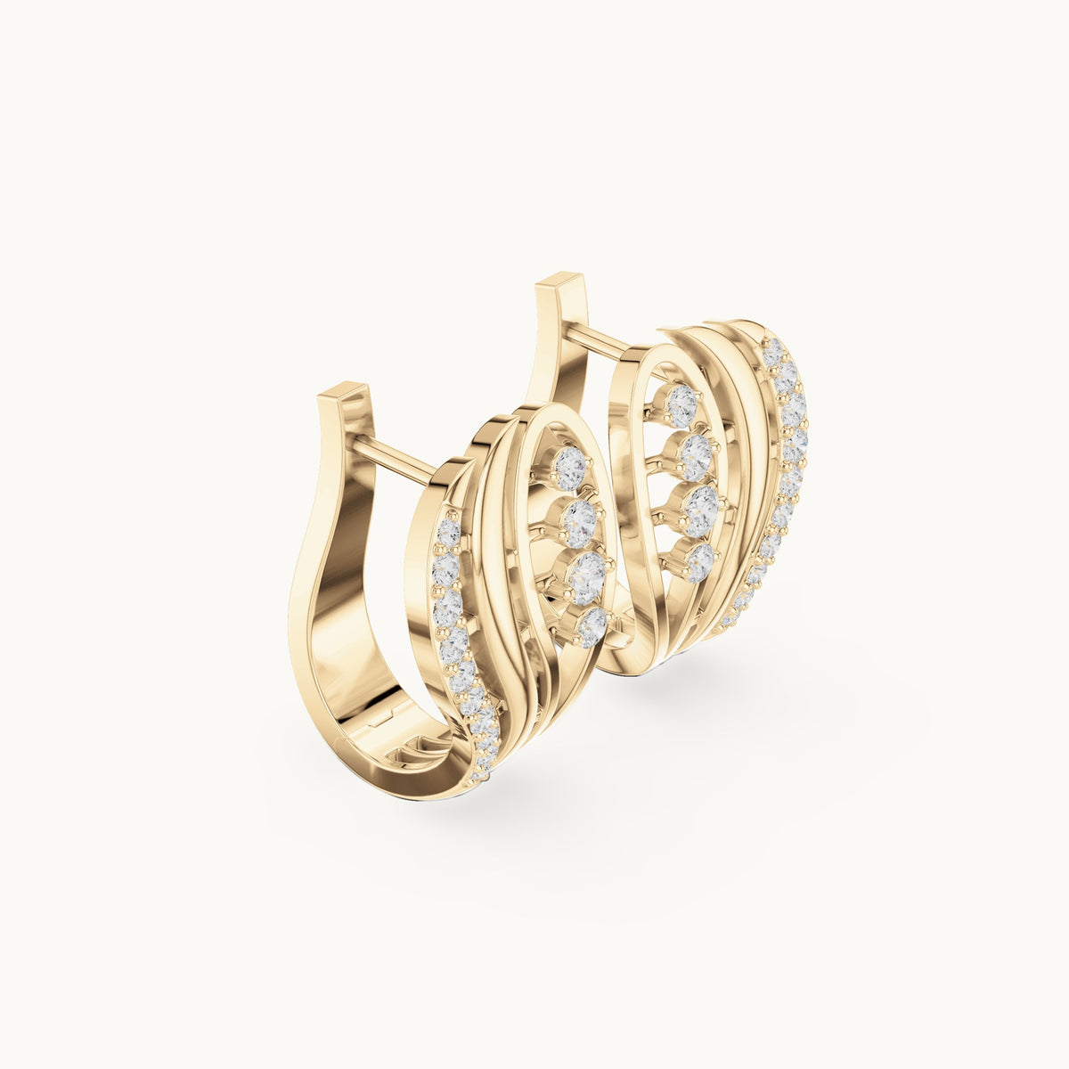 Round lab-grown diamond feather huggie hoop earrings in yellow gold, 0.276 CT TW, view 1