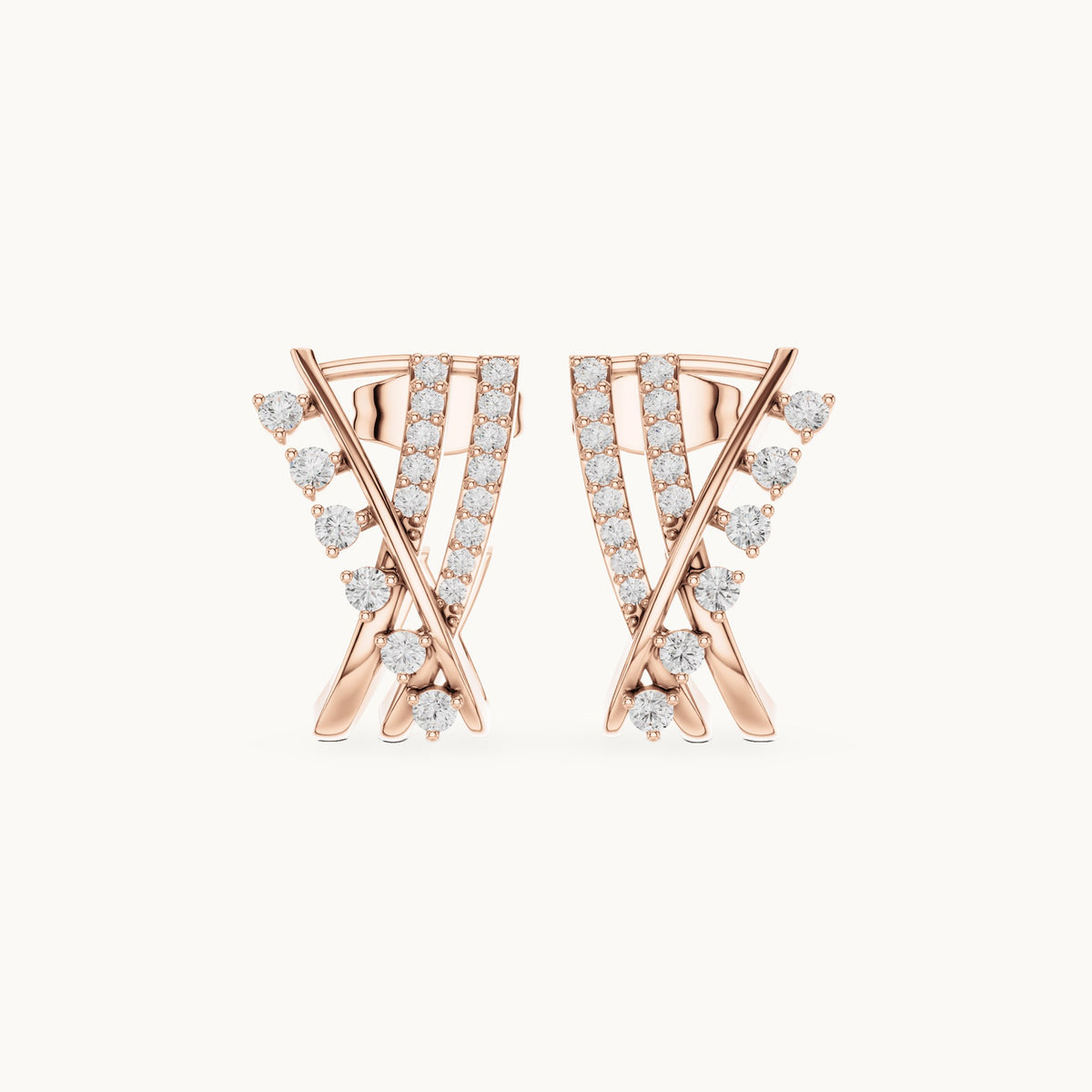 Round lab-grown diamond crisscross huggie hoop earrings in rose gold, 0.38 CT TW, view 4