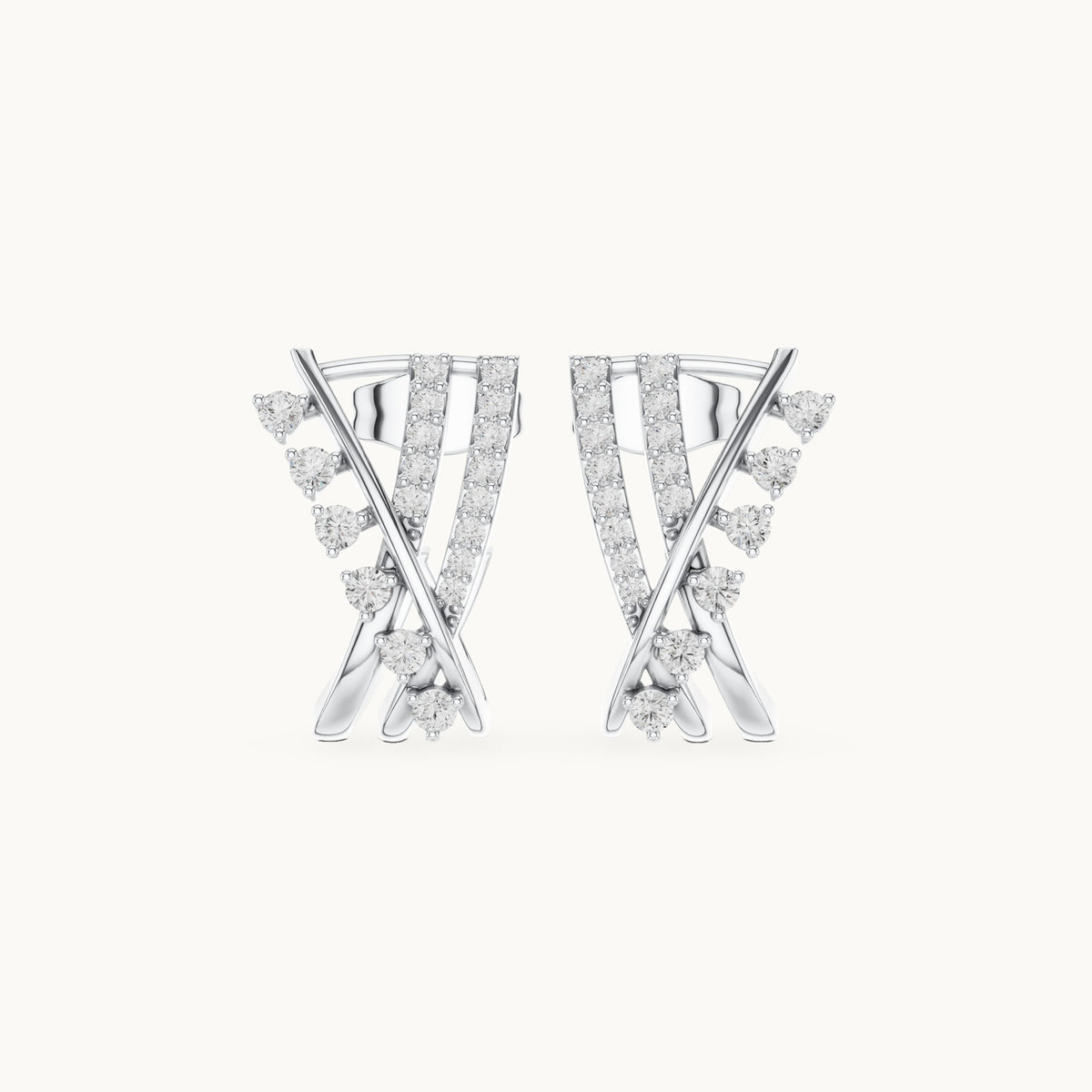 Round lab-grown diamond crisscross huggie hoop earrings in white gold, 0.38 CT TW, view 4