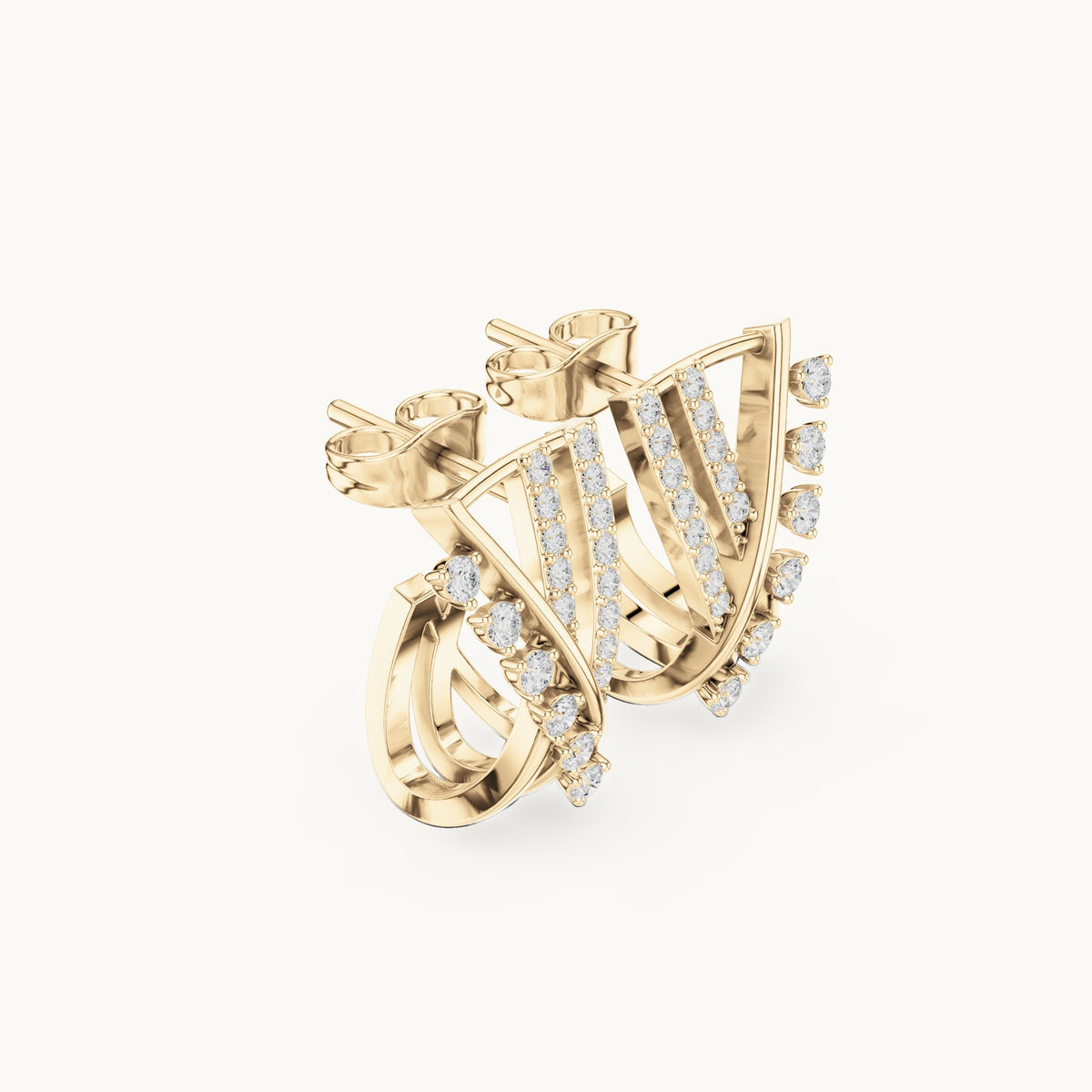 Round lab-grown diamond crisscross huggie hoop earrings in yellow gold, 0.38 CT TW, view 1