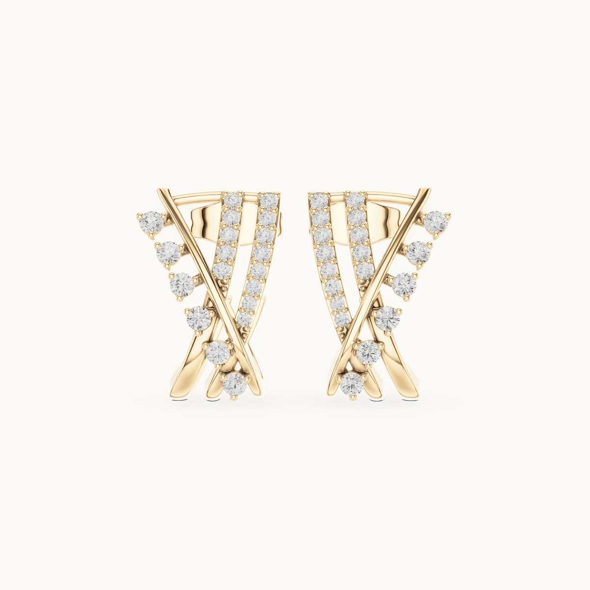Round lab-grown diamond crisscross huggie hoop earrings in yellow gold, 0.38 CT TW, view 4