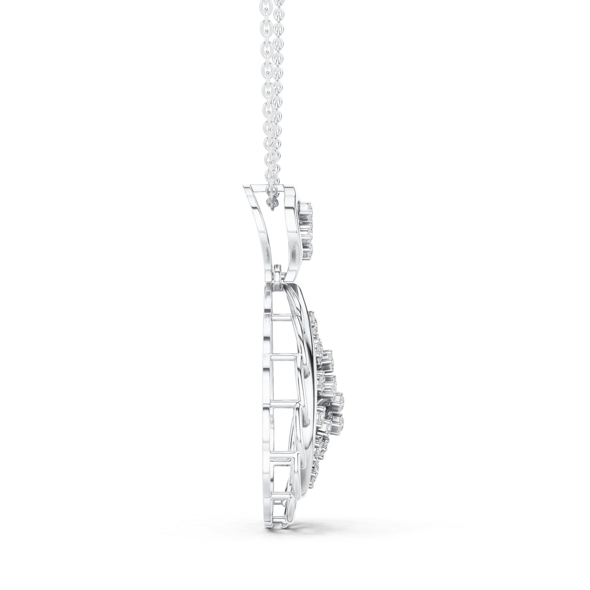 Round lab-grown diamond filigree teardrop pendant in white gold, 0.636 CT TW, view 3