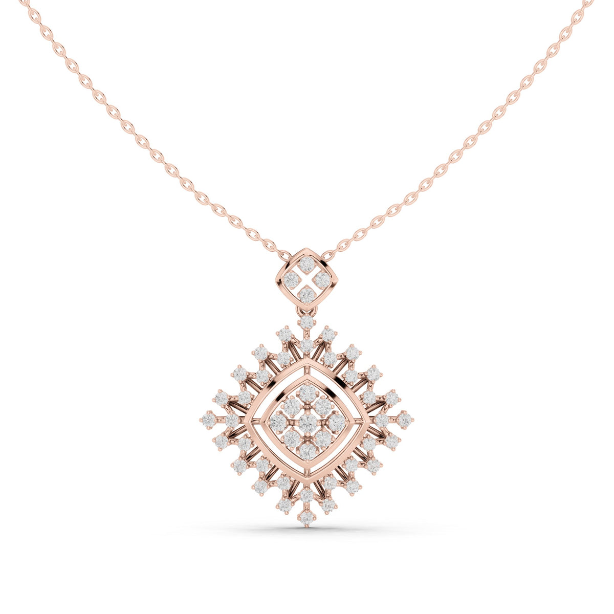 Round lab-grown diamond starburst square pendant in rose gold, 1.053 CT TW, view 2