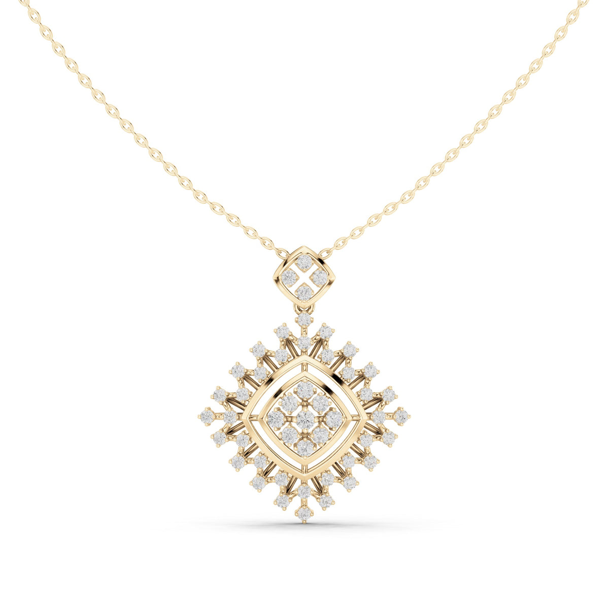 Round lab-grown diamond starburst square pendant in yellow gold, 1.053 CT TW, view 2