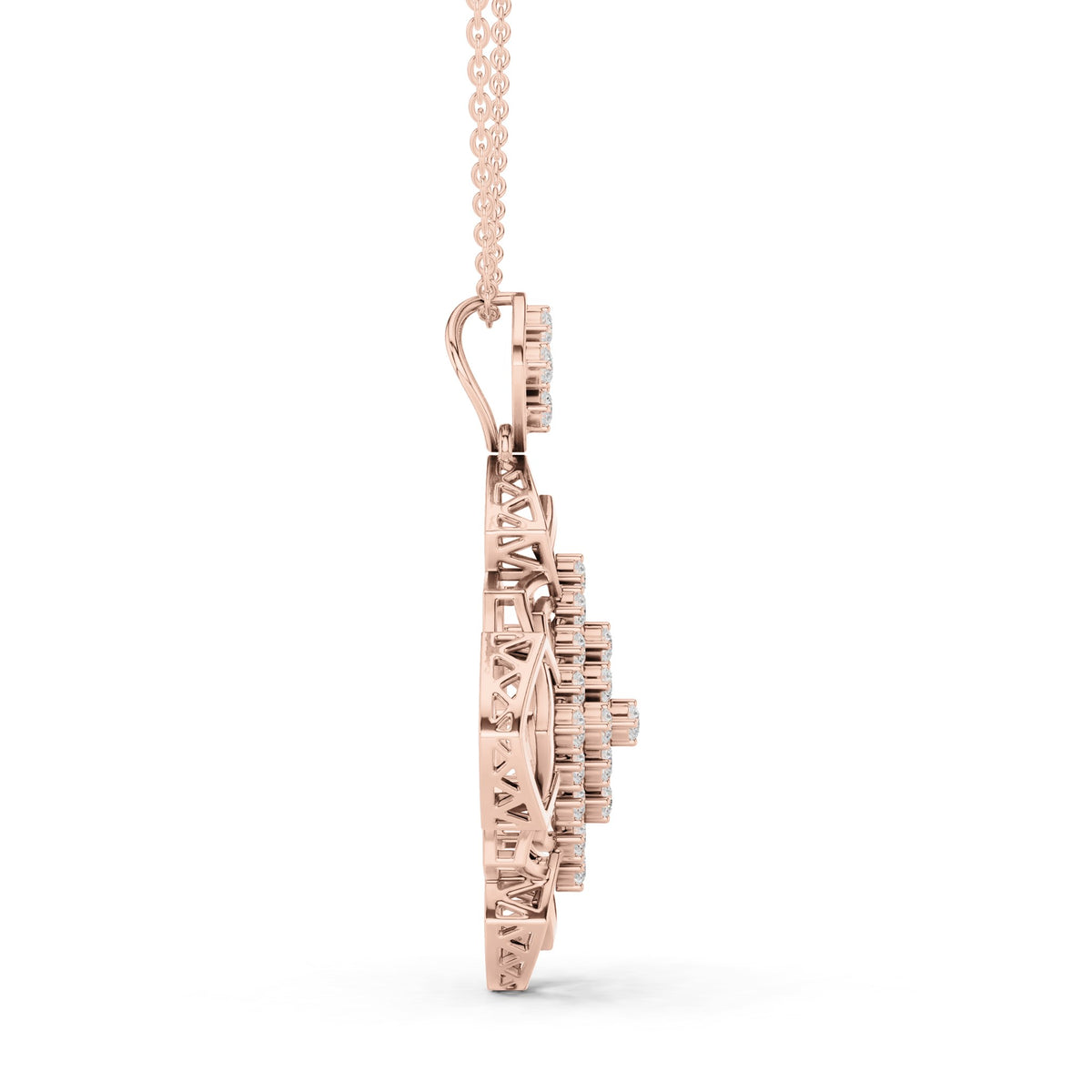 Round lab-grown diamond quatrefoil lattice pendant in rose gold, 1.015 CT TW, view 3