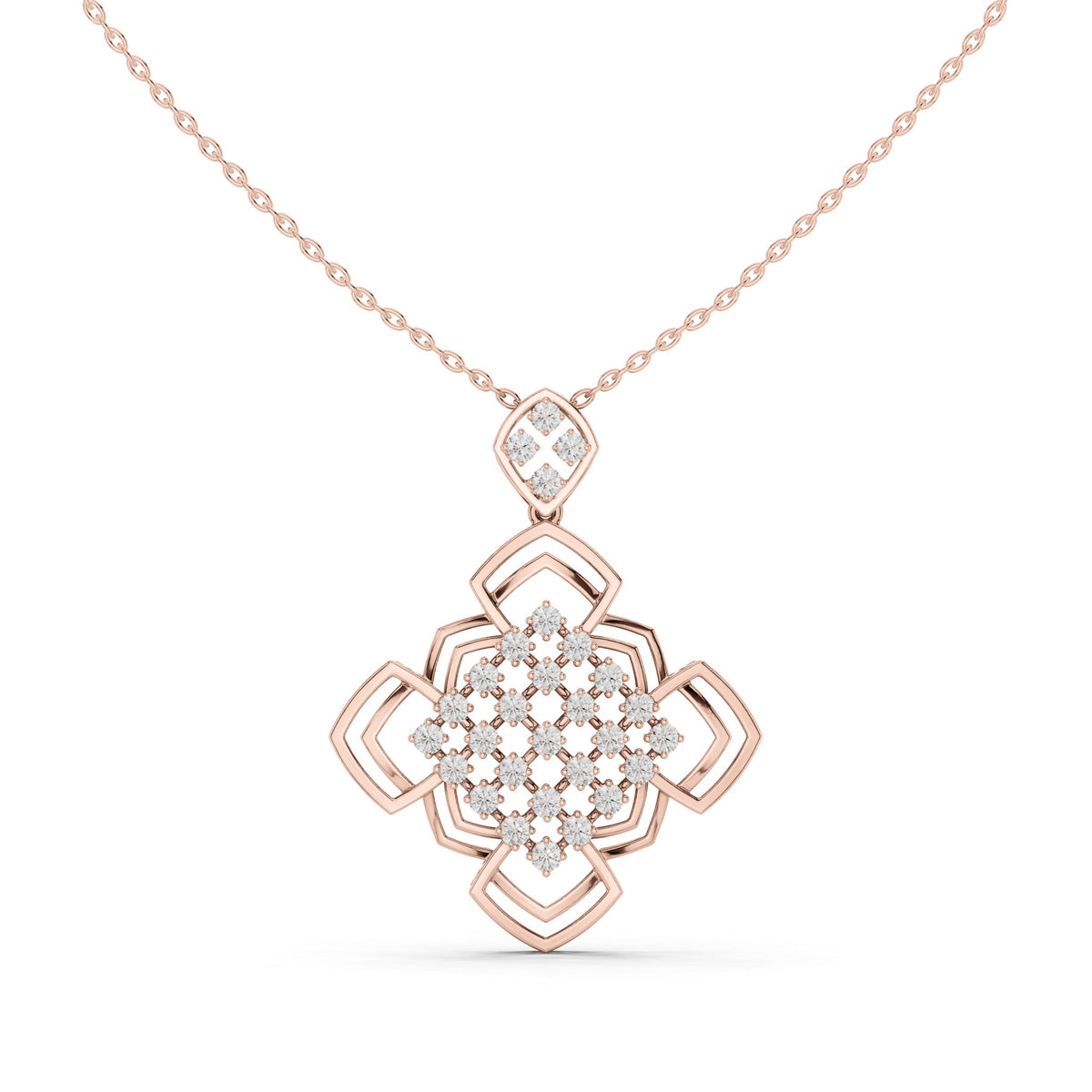 Round lab-grown diamond quatrefoil lattice pendant in rose gold, 1.015 CT TW, view 4