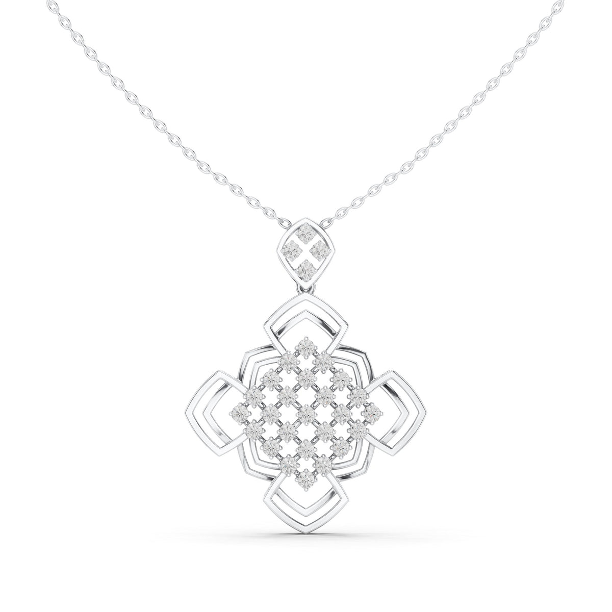 Round lab-grown diamond quatrefoil lattice pendant in white gold, 1.015 CT TW, view 2