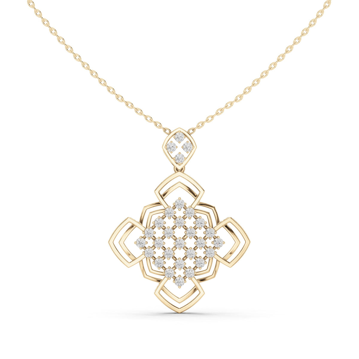 Round lab-grown diamond quatrefoil lattice pendant in yellow gold, 1.015 CT TW, view 2