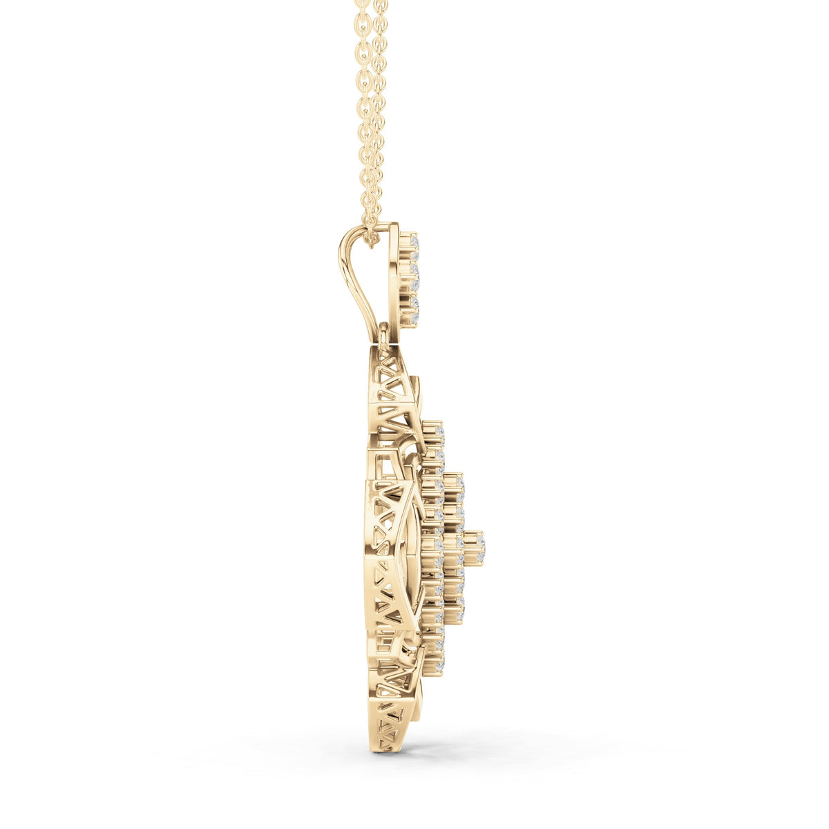 Round lab-grown diamond quatrefoil lattice pendant in yellow gold, 1.015 CT TW, view 3