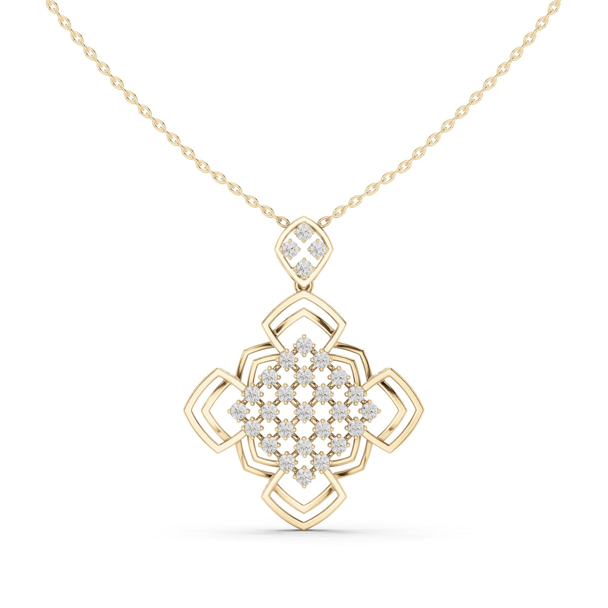 Round lab-grown diamond quatrefoil lattice pendant in yellow gold, 1.015 CT TW, view 4
