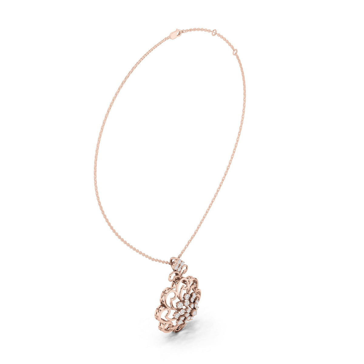 Round lab-grown diamond filigree flower medallion pendant in rose gold, 1.025 CT TW, view 1