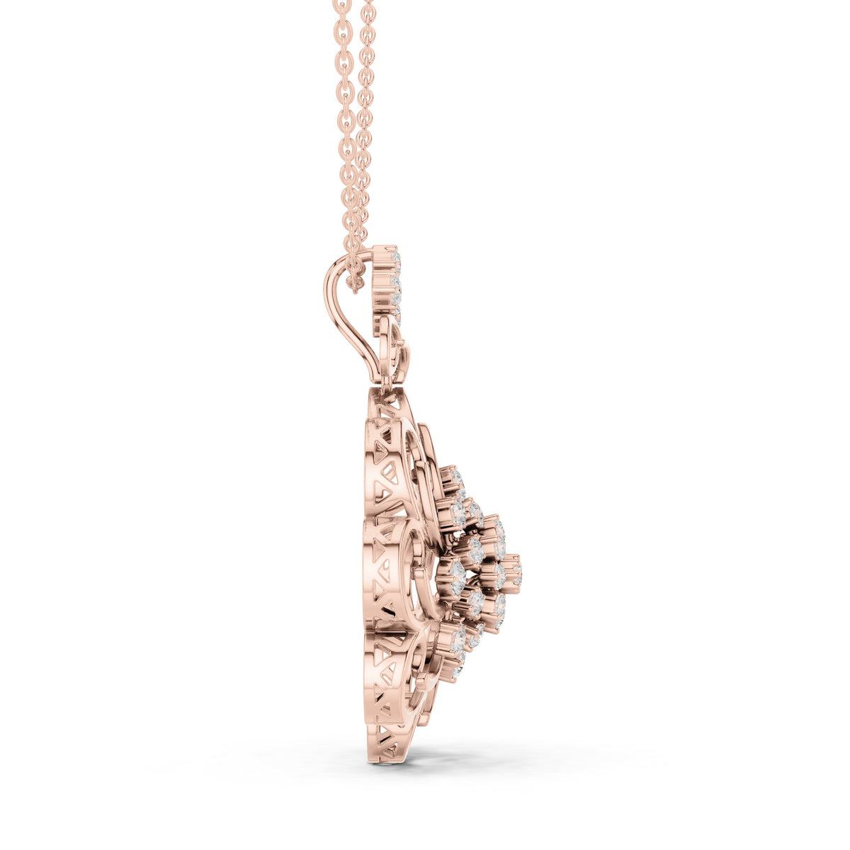 Round lab-grown diamond filigree flower medallion pendant in rose gold, 1.025 CT TW, view 3