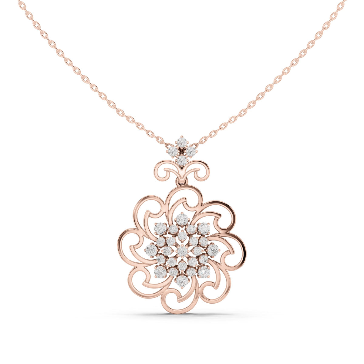 Round lab-grown diamond filigree flower medallion pendant in rose gold, 1.025 CT TW, view 4