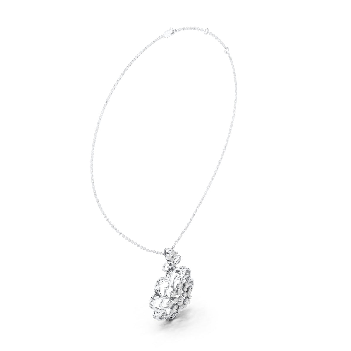 Round lab-grown diamond filigree flower medallion pendant in white gold, 1.025 CT TW, view 1
