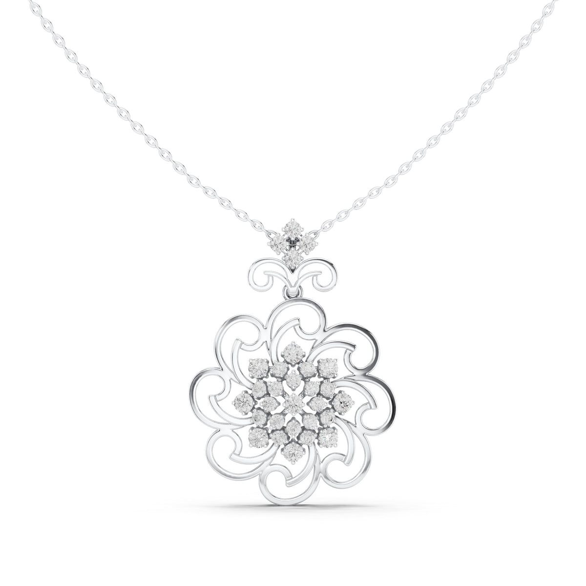 Round lab-grown diamond filigree flower medallion pendant in white gold, 1.025 CT TW, view 2