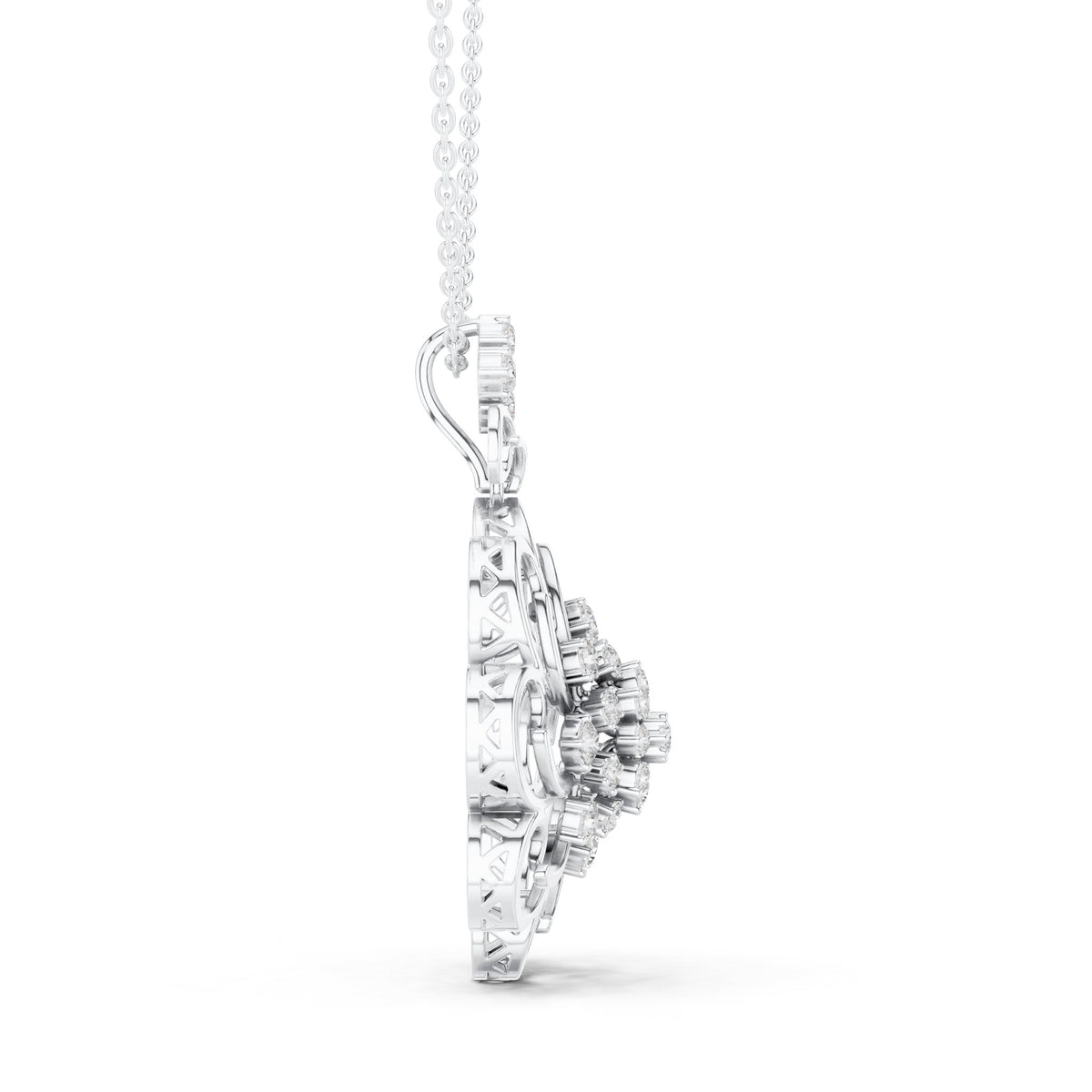 Round lab-grown diamond filigree flower medallion pendant in white gold, 1.025 CT TW, view 3