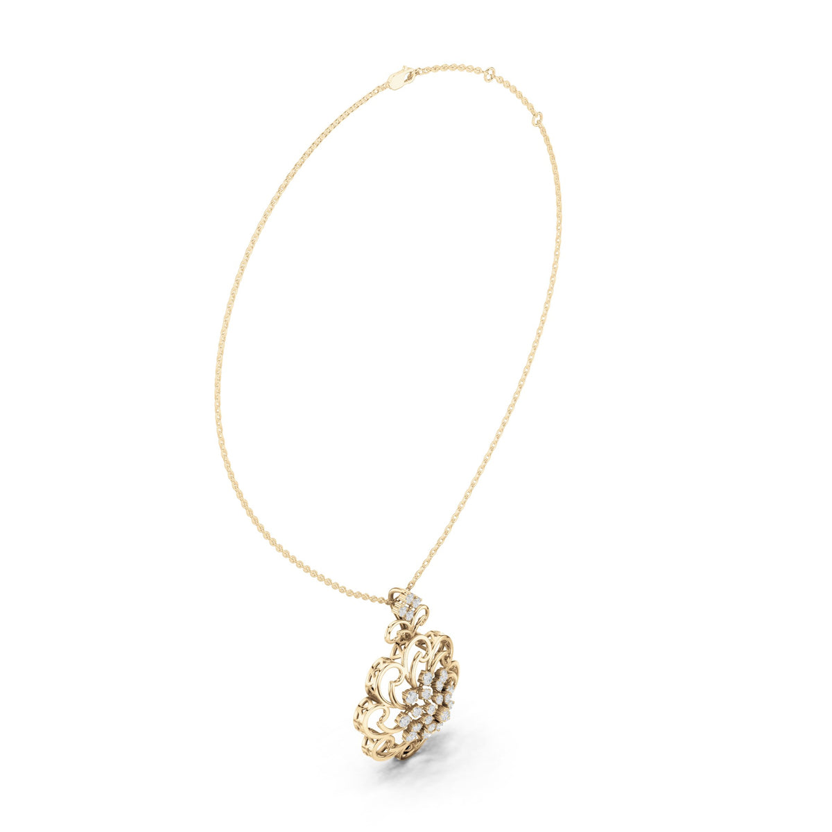 Round lab-grown diamond filigree flower medallion pendant in yellow gold, 1.025 CT TW, view 1