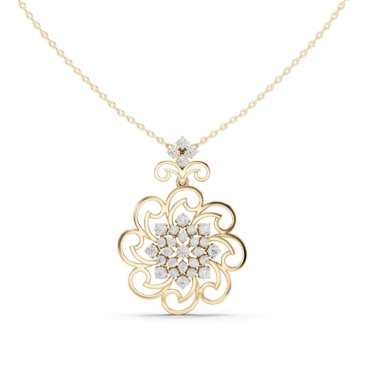 Round lab-grown diamond filigree flower medallion pendant in yellow gold, 1.025 CT TW, view 2