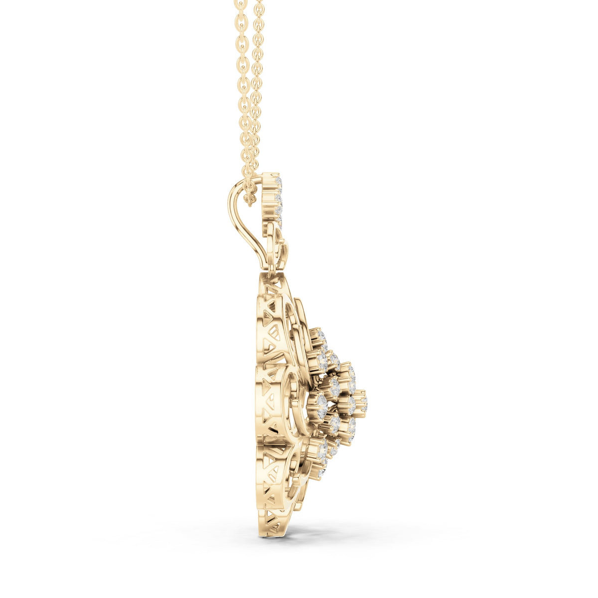 Round lab-grown diamond filigree flower medallion pendant in yellow gold, 1.025 CT TW, view 3