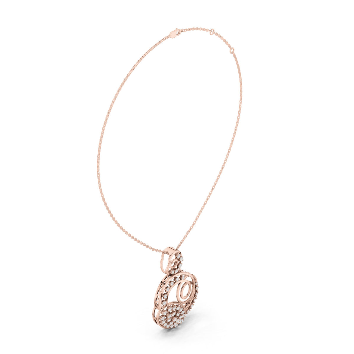 Round lab-grown diamond swirl circle pendant in rose gold, 1.158 CT TW, view 1