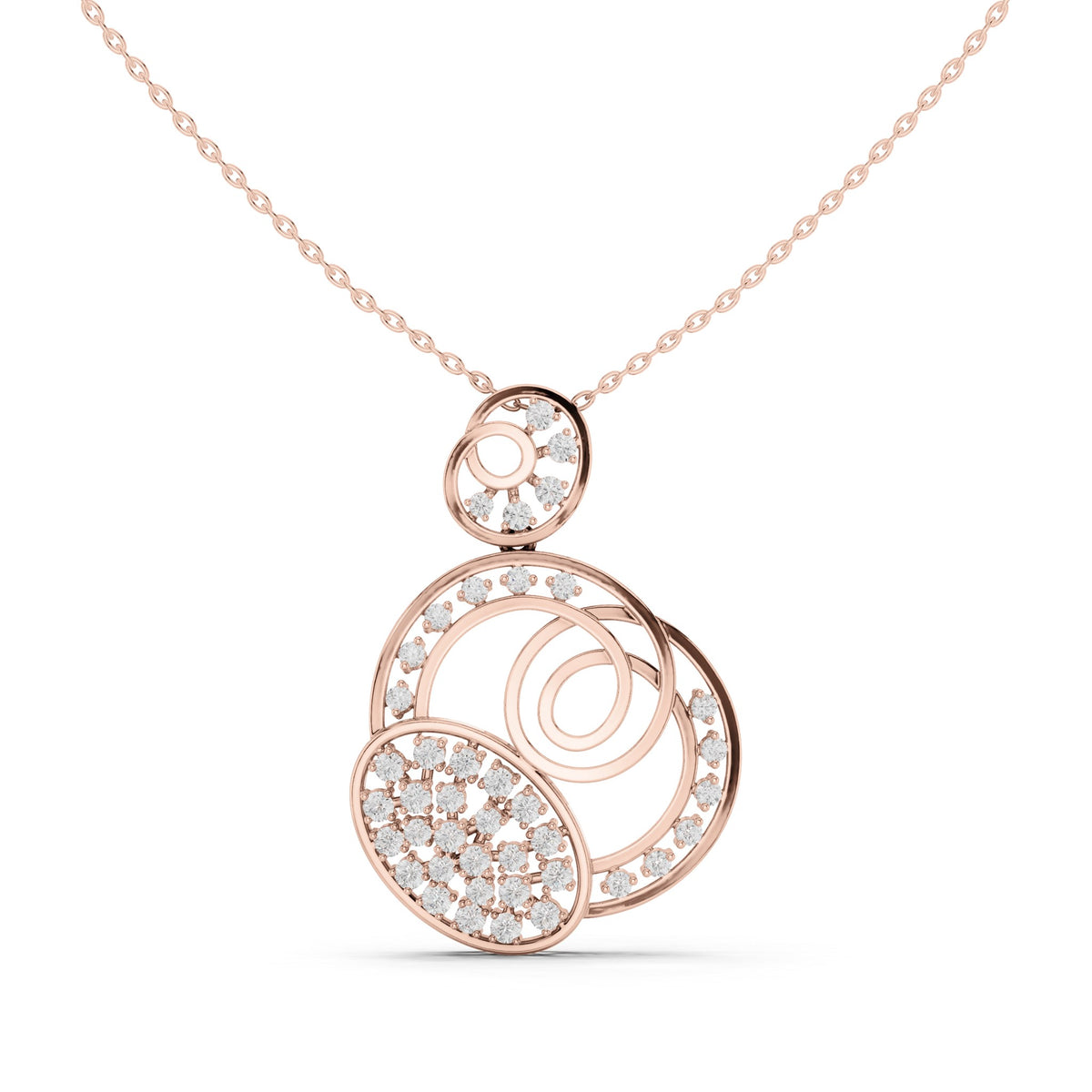 Round lab-grown diamond swirl circle pendant in rose gold, 1.158 CT TW, view 2