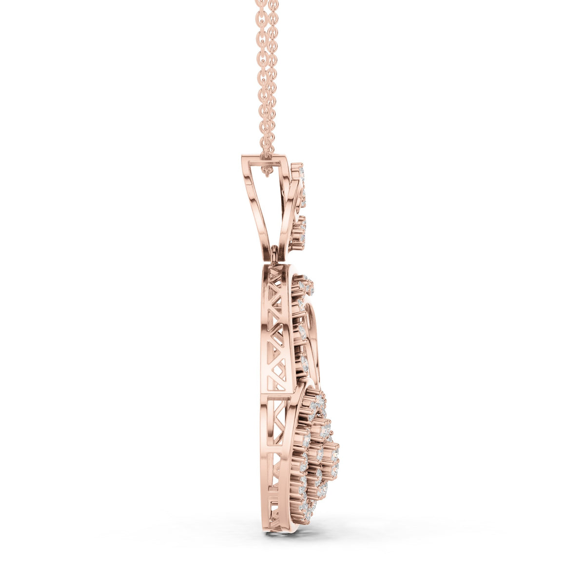Round lab-grown diamond swirl circle pendant in rose gold, 1.158 CT TW, view 3