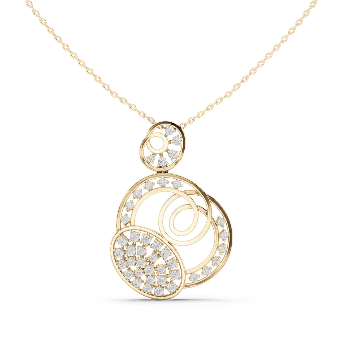 Round lab-grown diamond swirl circle pendant in yellow gold, 1.158 CT TW, view 2