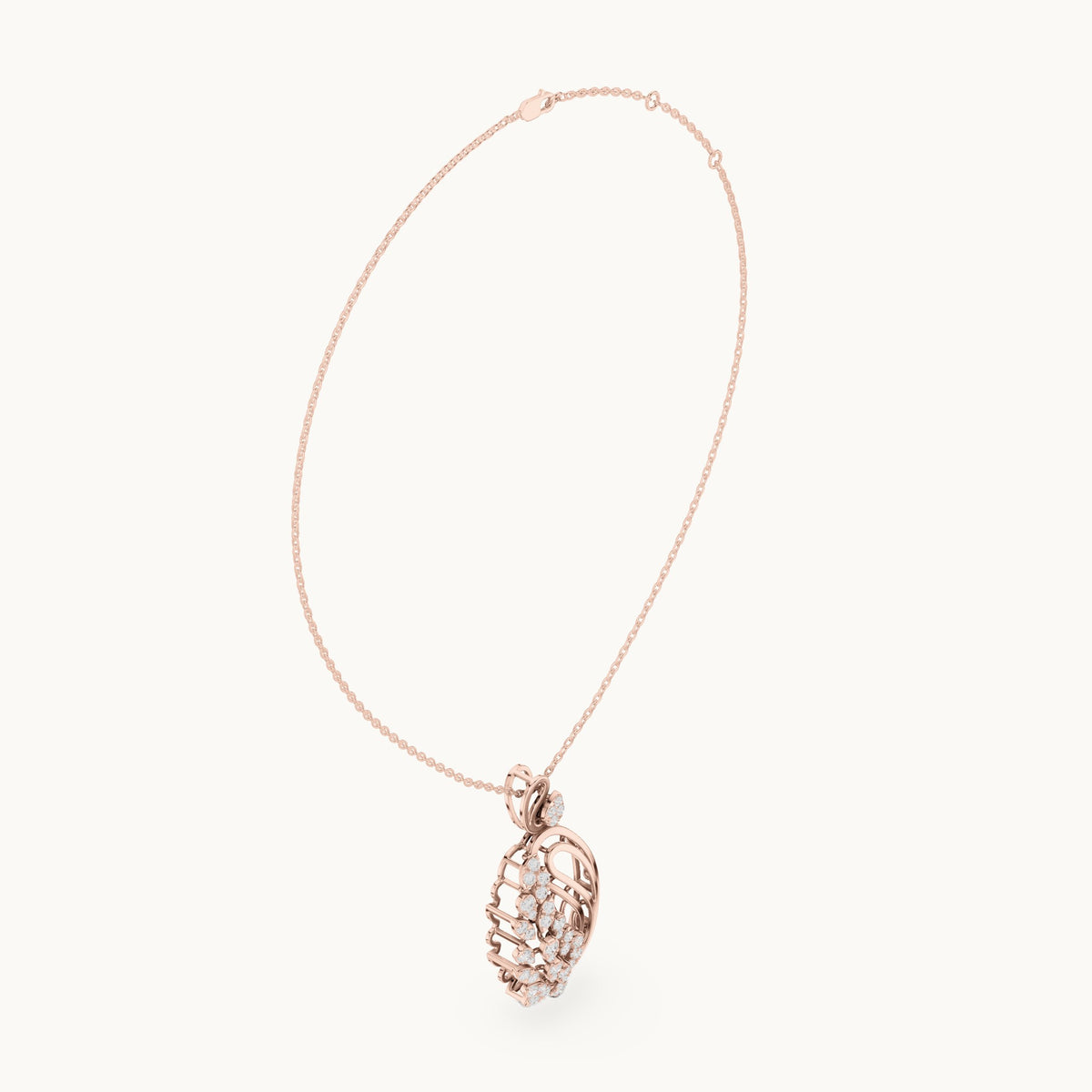 Round lab-grown diamond filigree oval pendant in rose gold, 1.055 CT TW, view 1