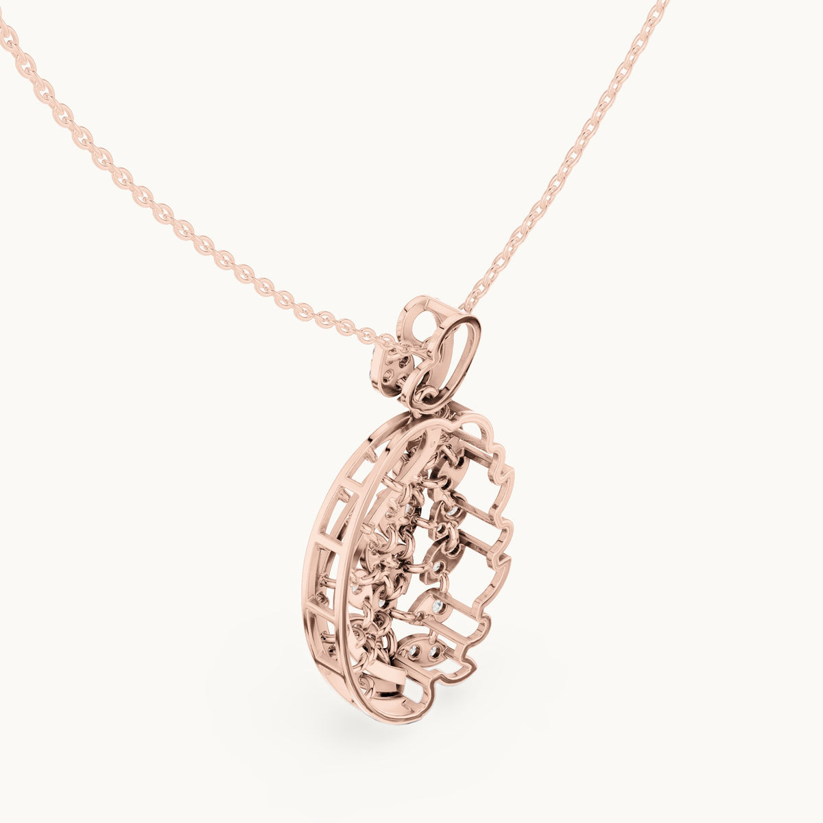Round lab-grown diamond filigree oval pendant in rose gold, 1.055 CT TW, view 2