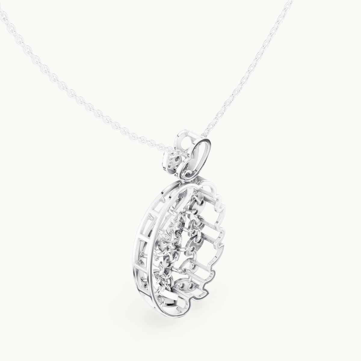 Round lab-grown diamond filigree oval pendant in white gold, 1.055 CT TW, view 2