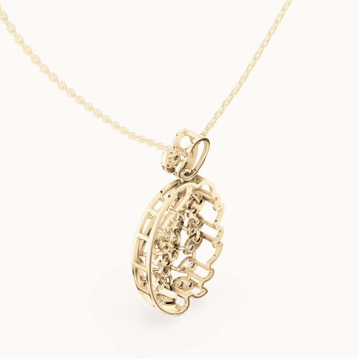 Round lab-grown diamond filigree oval pendant in yellow gold, 1.055 CT TW, view 2