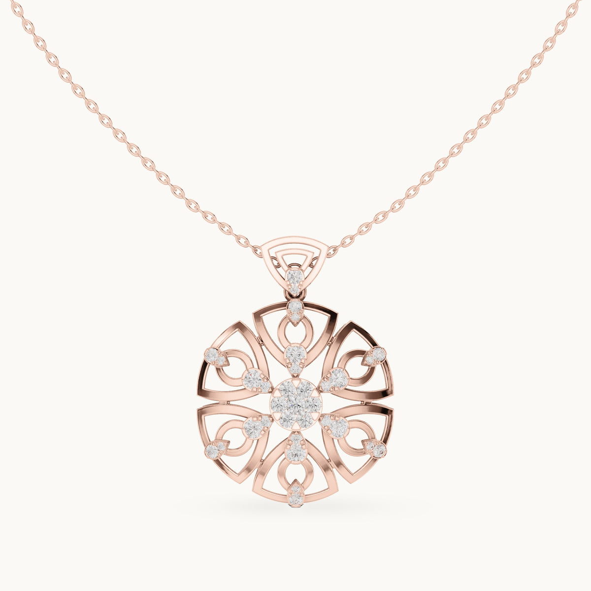 Round lab-grown diamond filigree rosette pendant in rose gold, 0.791 CT TW, view 4