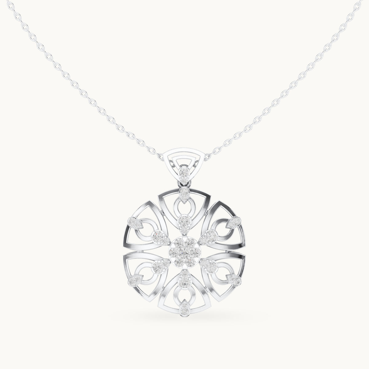 Round lab-grown diamond filigree rosette pendant in white gold, 0.791 CT TW, view 4