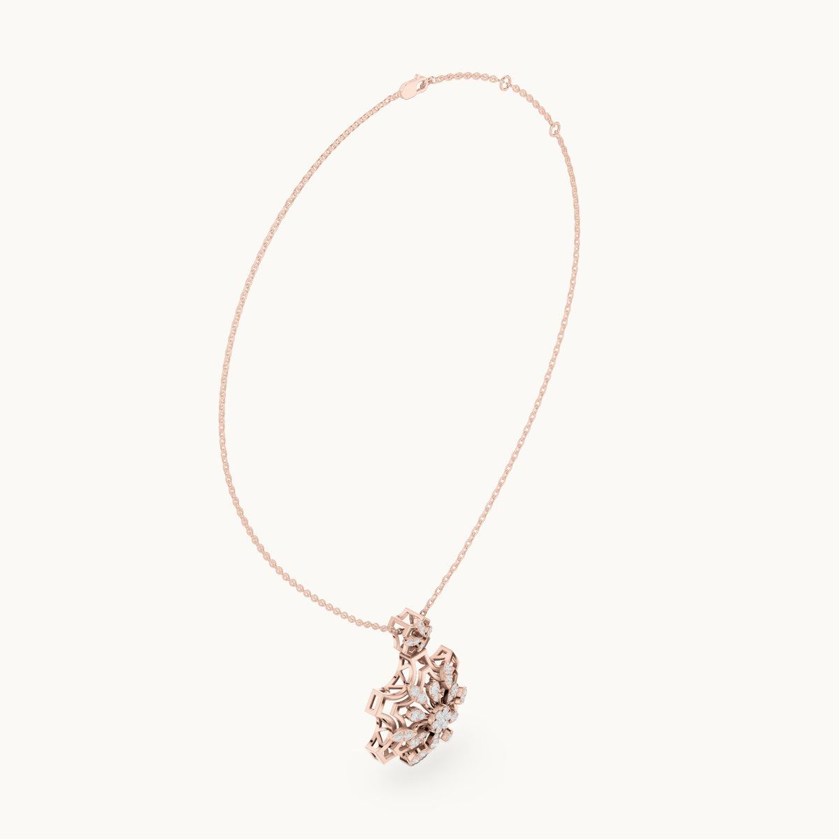 Round lab-grown diamond openwork flower cluster pendant in rose gold, 0.80 CT TW, view 1
