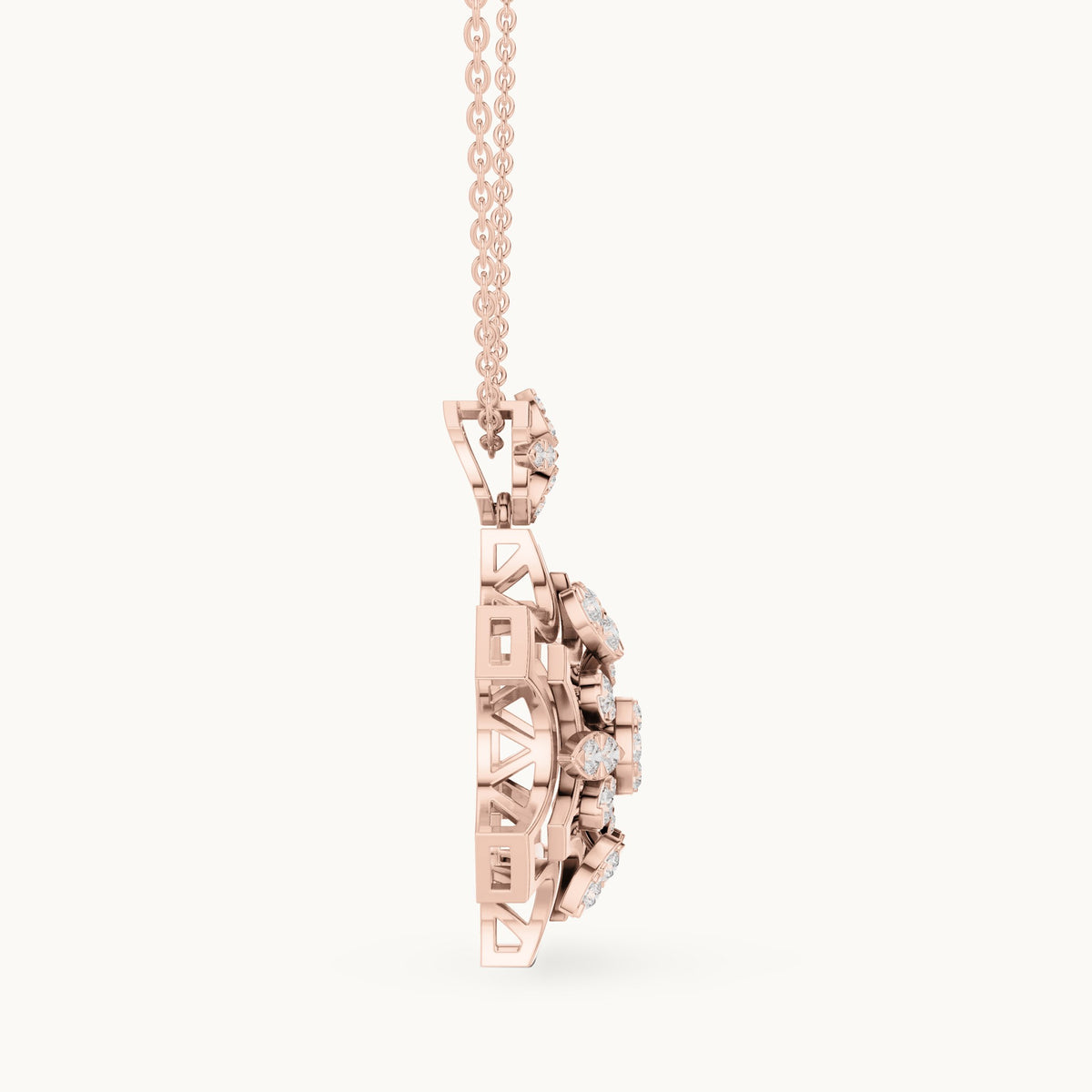 Round lab-grown diamond openwork flower cluster pendant in rose gold, 0.80 CT TW, view 3