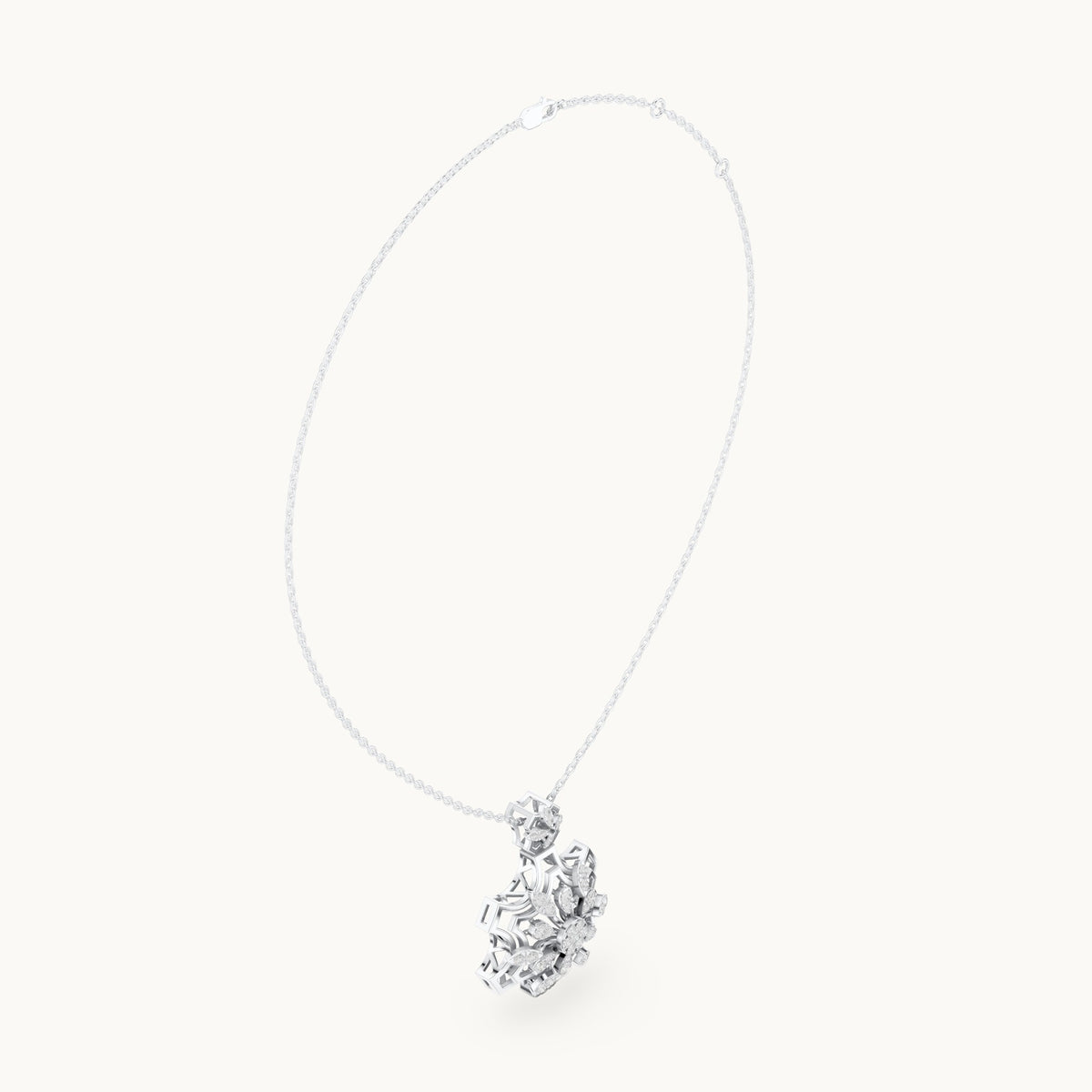 Round lab-grown diamond openwork flower cluster pendant in white gold, 0.80 CT TW, view 1