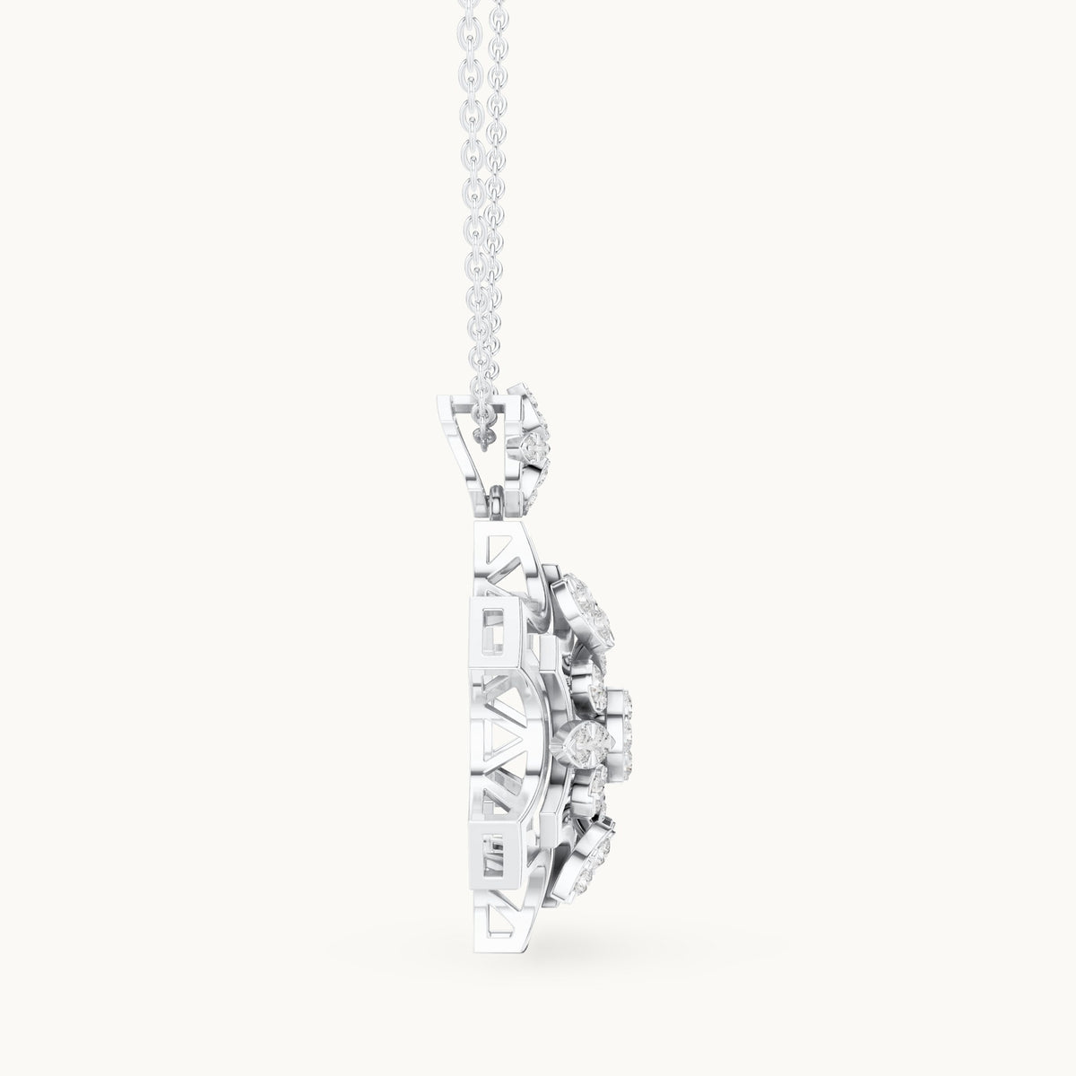 Round lab-grown diamond openwork flower cluster pendant in white gold, 0.80 CT TW, view 3