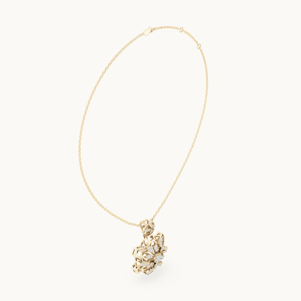 Round lab-grown diamond openwork flower cluster pendant in yellow gold, 0.80 CT TW, view 1