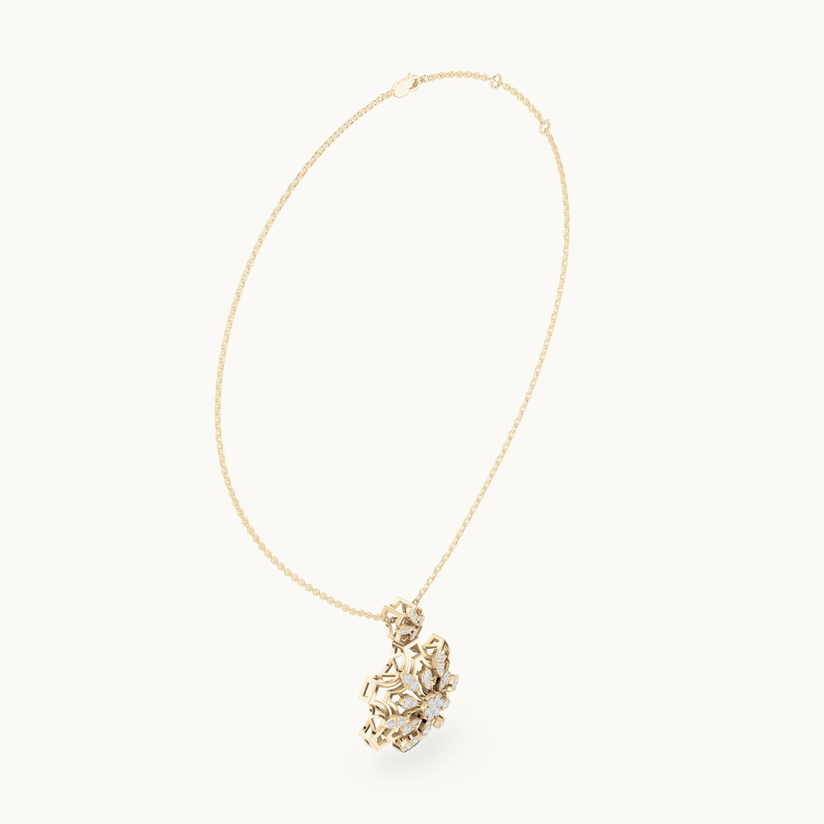 Round lab-grown diamond openwork flower cluster pendant in yellow gold, 0.80 CT TW, view 1