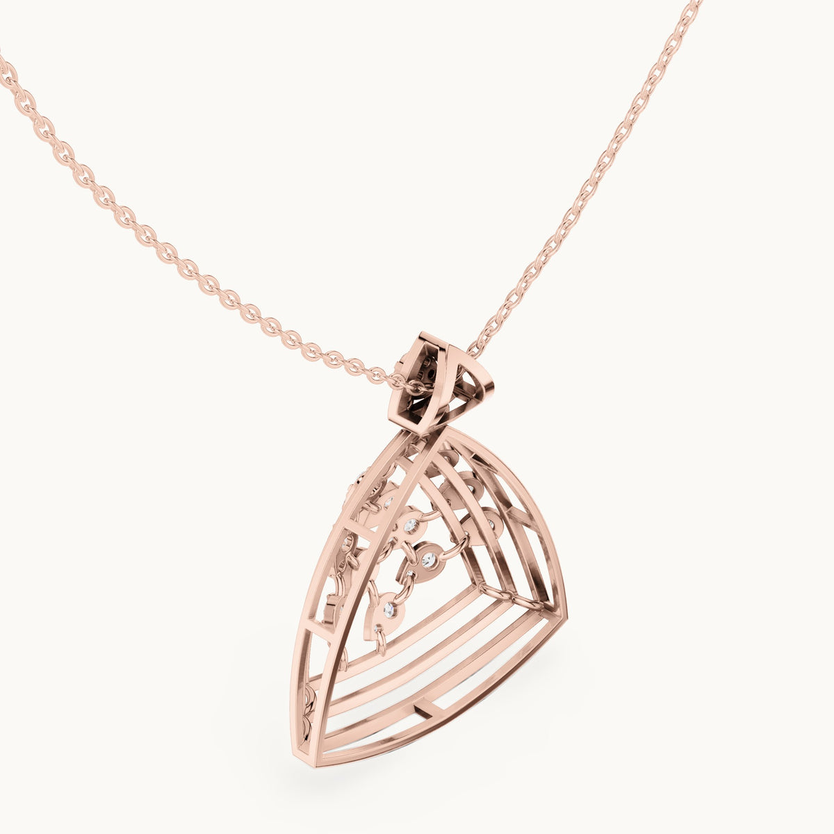 Round lab-grown diamond open triangle pendant in rose gold, 0.721 CT TW, view 2
