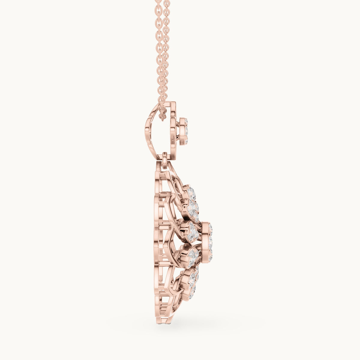 Round lab-grown diamond mandala flower pendant in rose gold, 1.758 CT TW, view 3