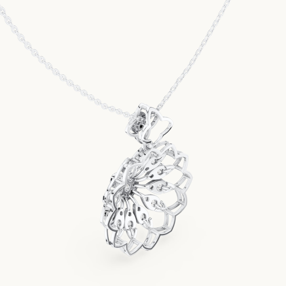 Round lab-grown diamond mandala flower pendant in white gold, 1.758 CT TW, view 2