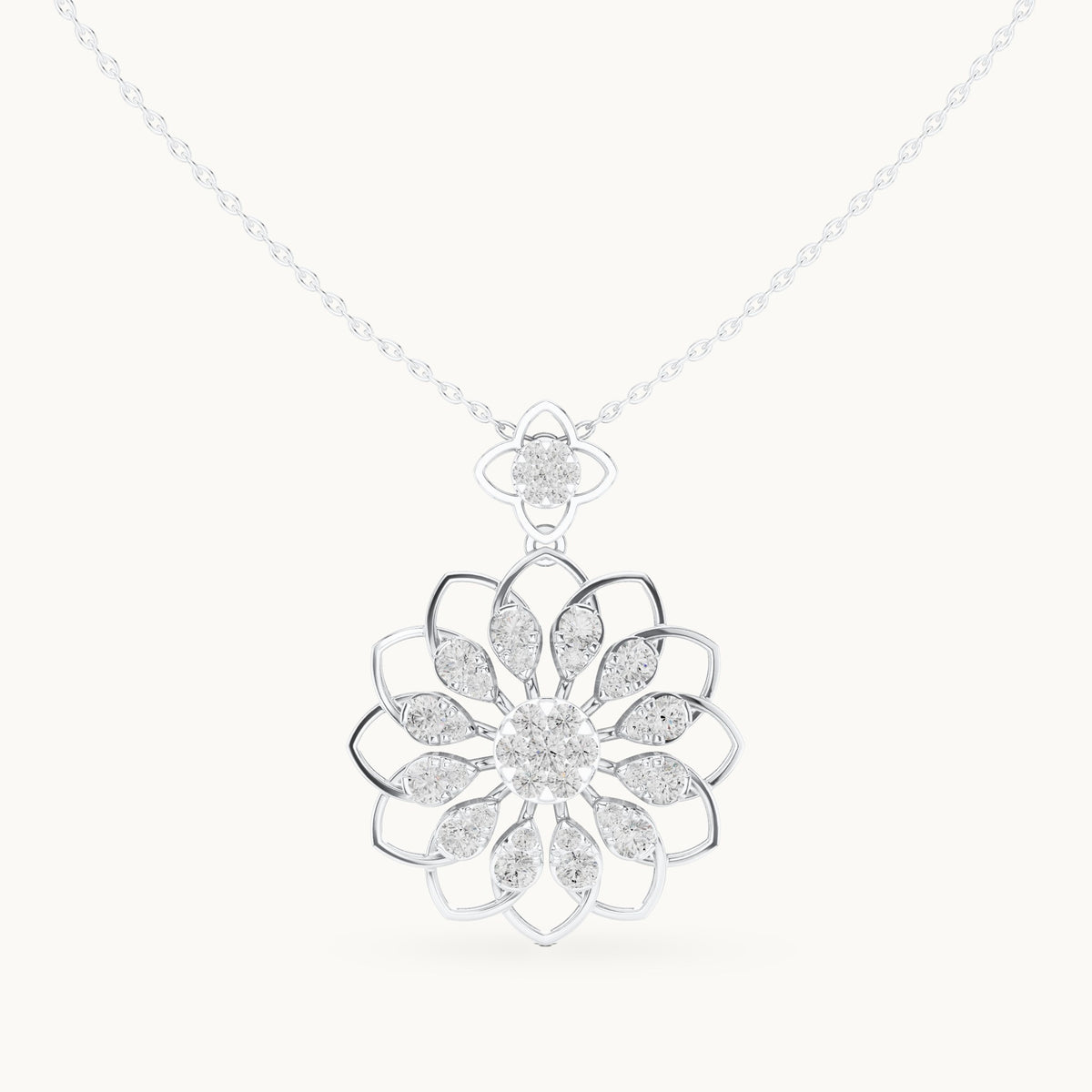 Round lab-grown diamond mandala flower pendant in white gold, 1.758 CT TW, view 4