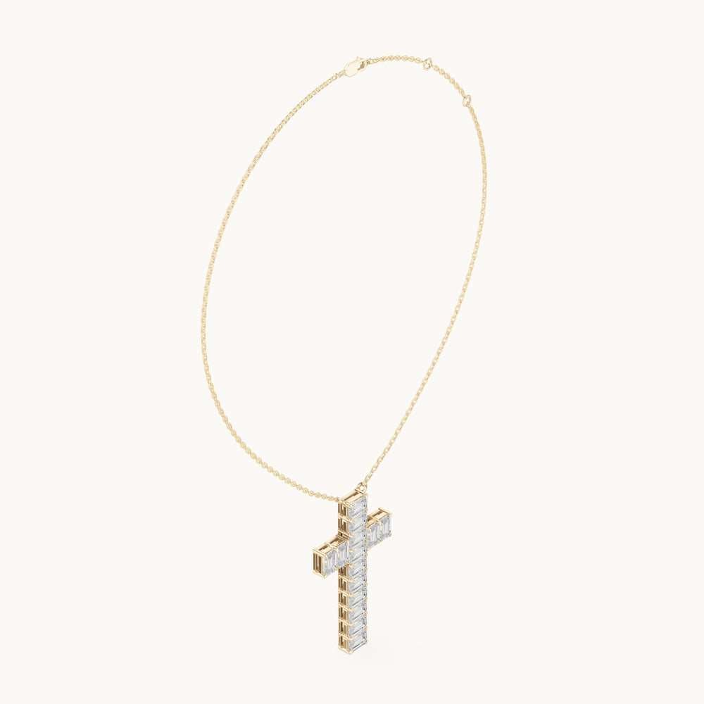 Emerald-cut lab-grown diamond cross pendant in yellow gold, 7.00 CT TW, view 1