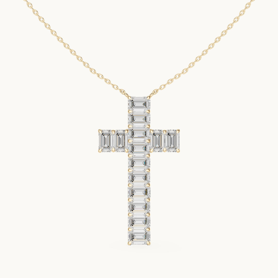 Emerald-cut lab-grown diamond cross pendant in yellow gold, 7.00 CT TW, view 4