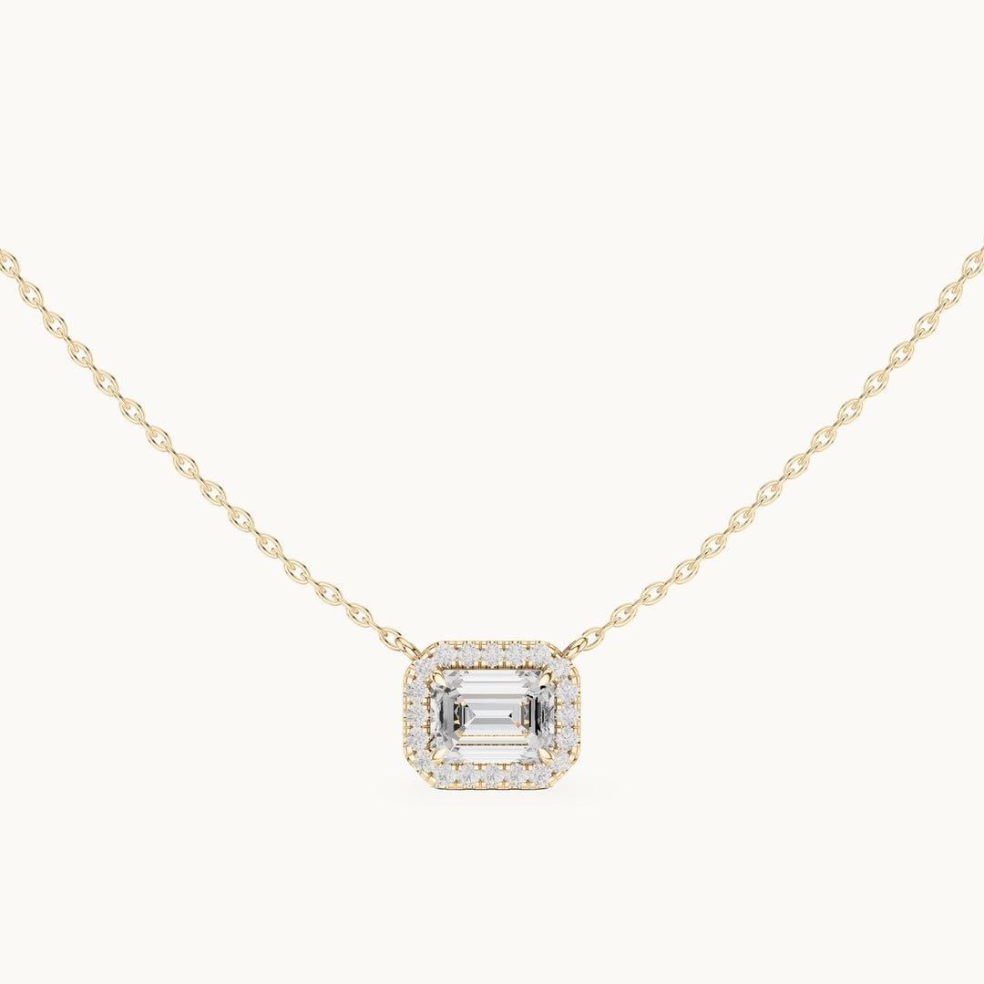 Emerald-cut and round lab-grown diamond east-west halo pendant in yellow gold, 2.24 CT TW, view 4