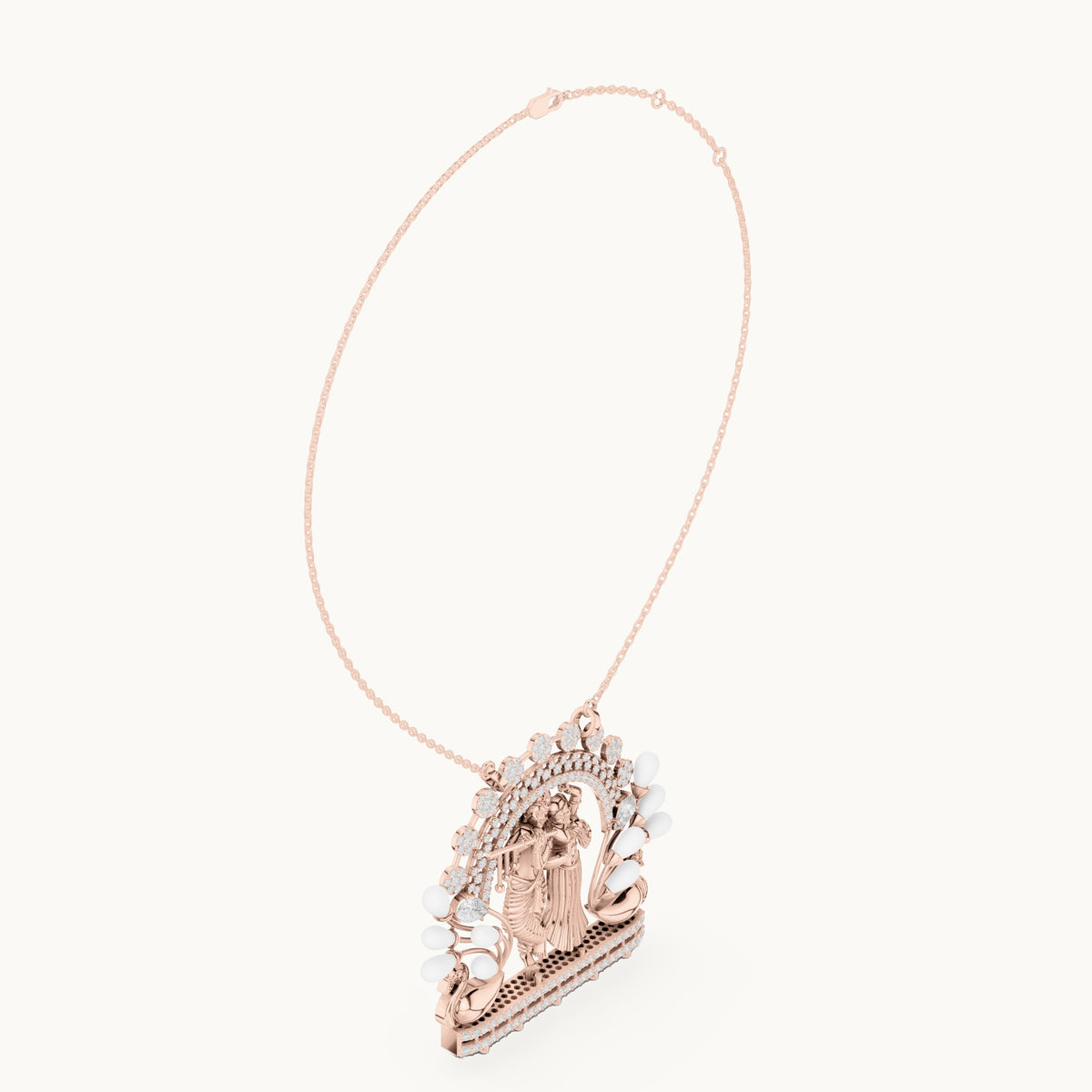 Round lab-grown diamond Radha Krishna peacock arch pendant with white enamel in rose gold, 2.38 CT TW, view 1